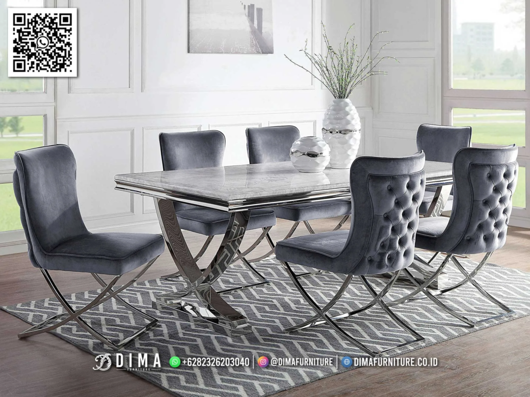 Set Meja Makan Mewah Silver Velvet Modern Elegan Dima 118STC Set Meja Makan Mewah Silver Velvet Modern Elegan Dima 118STC