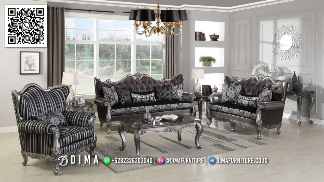 Sofa Tamu Mewah Jepara Luxury Black Brigitta Italian 180STC